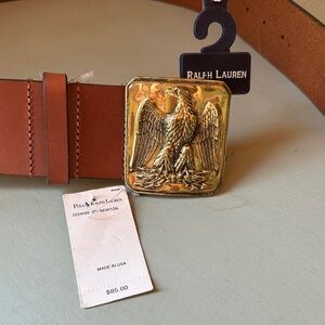 Ralph Lauren Brown Leather Belt with Gold Eagle Buckle Large